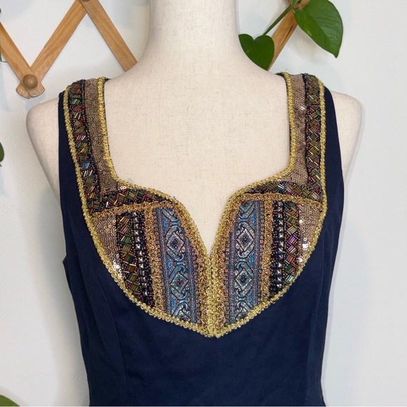 ANTHROPOLOGIE Moulinette Soeurs Navy Gold Trim Beading Dress - Picture 5 of 13